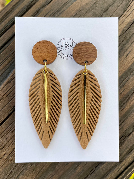 Brown Faux Leather Feather with Gold Tone