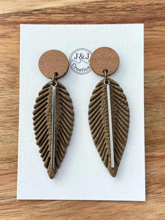 Dark Brown Faux Leather Feather with Silver Tone