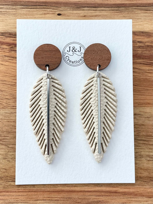 Beige Faux Leather Feather with Silver Tone