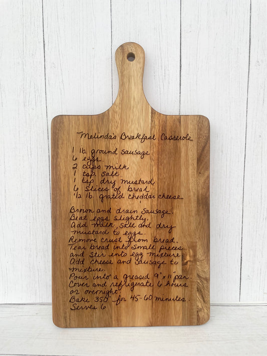 Engraved Handwritten 16" x 9" Recipe Cutting Board Example, Contact us Directly to Order