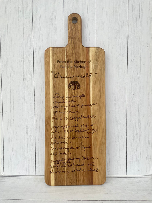 Engraved Handwritten 20.5" x 7.5" Recipe Cutting Board Example, Contact us Directly to Order
